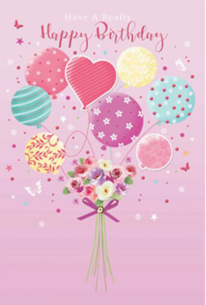 A softly enchanting birthday design shows a bouquet that appears to float, as if lifted by a chorus of pastel balloons drifting above Enfield's rooftops at dusk. The background is blush pink, like sky at sunset after a gentle rain shower. In the centre, a tight cluster of balloons rises gracefully, painted in pale sunshine yellow, rosy fuchsia, seafoam, and lavender tones. Each balloon has its own intricate pattern: slender ribbons curl around some like the graceful arc of branches in Enfield's parks, while others are sprinkled with tiny dots and whimsical flourishes that suggest confetti frozen in midair. Tethered to these dreamy orbs is a petite, hand-tied bouquet, its stems gathered just firmly enough to hold, yet soft in appearance. The flowers resemble petite roses and daisy-like blooms, their petals shaded delicately from creamy ivory to blush rose, as though touched by first morning light streaming into a front room overlooking Enfield Town. Imaginary butterflies hover near the arrangement, suggested by delicate wing-like shapes and tiny accents that add movement and lightness. A slim purple bow wraps the base, its textured sheen contrasting with the organic softness of the petals. The whole artwork feels like a captured moment of gentle jubilation, the kind of birthday sentiment that doesn't shout but quietly makes someone feel deeply cherished. It evokes the sense of receiving a thoughtfully arranged bouquet from a local Enfield florist who knows how to bring together colour, fragrance, and form into a design that feels both personal and joyfully celebratory.