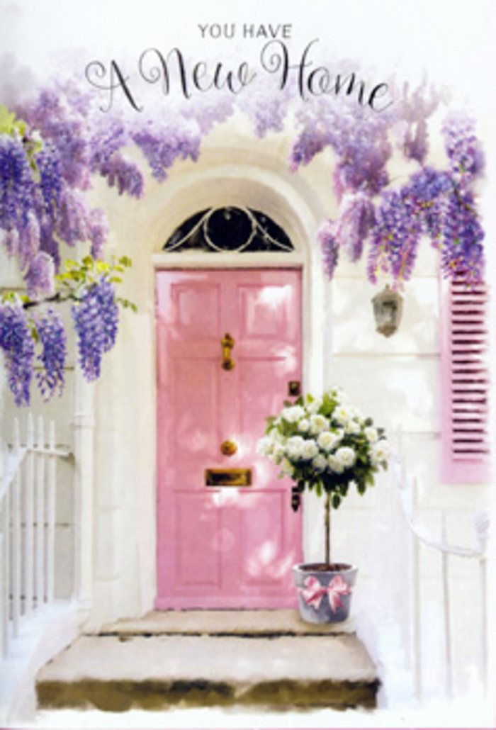 On a calm Enfield street, this inviting front step captures the tender excitement of crossing the threshold into a new home. A painted pink door, with a finish that looks smooth and slightly glossy, stands as the focal point, its colour somewhere between blush and dusty rose, reminiscent of the pastel facades you might glimpse on walks around Enfield Town's older terraces. Draped above and to the sides, mature wisteria falls in generous curtains of lavender blooms, each trailing cluster dense with tiny, bell-shaped flowers. Their soft purple hues shift subtly in the light, from lilac to silvery mauve, lending the entrance a layered, romantic depth. The surrounding walls are whitewashed, their faintly uneven surface catching the afternoon brightness, while a matching pastel shutter balances the composition like a gentle echo of the door's rosy accent. At the very edge of the step, a sturdy grey tin bucket takes on the role of a welcoming host, filled with a lush bouquet of creamy white roses. The roses are tightly yet naturally arranged, petals curling outward with velvety precision, interspersed with wisps of soft green foliage that soften the edges and add a fresh, garden-picked feel. A pale pink satin ribbon is carefully tied around the bucket, its tails resting lightly against the stone, adding a final, thoughtful flourish. The atmosphere feels calm, hopeful, and almost cinematic, as though the bouquet has arrived to congratulate someone on receiving their keys to a new property near Bush Hill Park. Every visual element-the pastel tones, the tumbling wisteria, the plush roses-works together to express warmth, welcome, and the gentle courage it takes to start a new chapter.