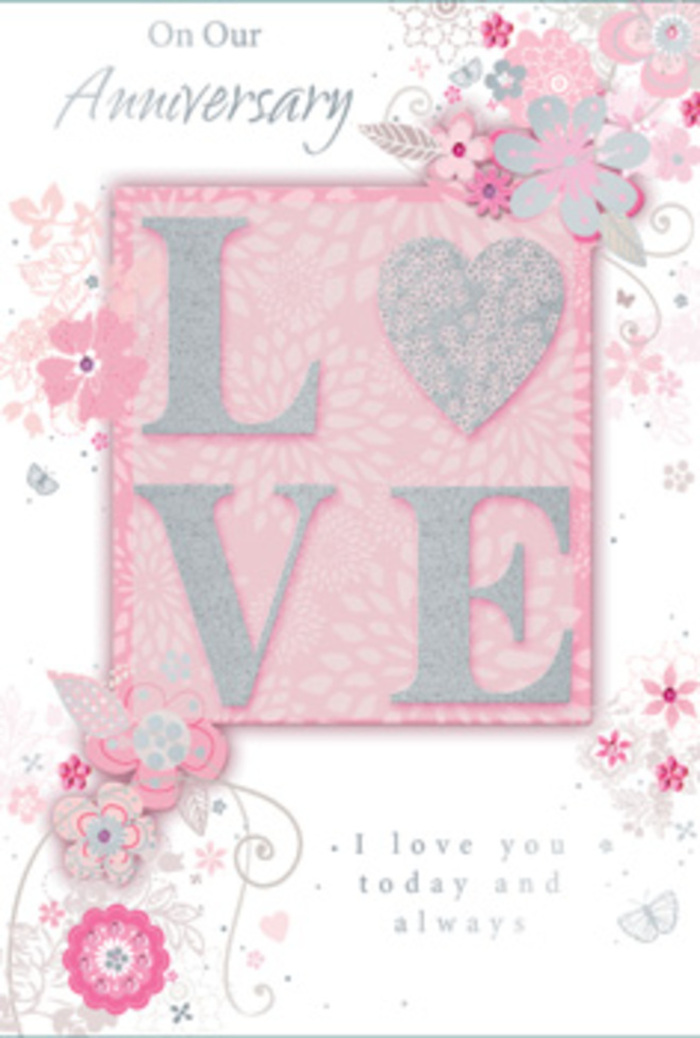 The anniversary card in this image unfolds like a gentle love story, bathed in soft light that makes its blush pink and pearly white tones glow as serenely as a calm morning in Enfield. Dominating the centre, the word "LOVE" is printed in large, raised letters, coated with an elegant, frosted glitter that shimmers without harshness. This textured finish gives the letters a sculpted, almost velvety look, as if they have been carefully dusted in fine sugar. A fingertip drawn across them would find tiny, sparkling grains and subtle ridges, bringing a sense of touch to the expression of emotion. Along the borders and drifting inward, hand-drawn blooms and delicate sprays of foliage stretch in graceful arcs, their petals tinted in shades of pink, lilac, ivory, and soft grey. The flowers appear to float over the background, like petals caught in a light breeze across the open spaces of Forty Hall's gardens. Fine filigree lines curl into tendrils and tiny leaves, while almost-hidden butterflies flutter between the blossoms, suggesting quiet movement and the flutter of affectionate hearts. The composition feels thoughtfully balanced, with open spaces of blush pink giving the eyes room to rest. Nestled beneath or near the central design, the message "I love you today and always" appears in a graceful, understated typeface, adding a clear emotional anchor to the artwork. The card as a whole feels like a hand-tied bouquet translated into paper form, echoing the care and artistry you might expect from a skilled Enfield florist arranging a bespoke anniversary gift for local delivery.