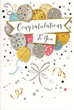 This congratulations card presents a scene of airy celebration, reminiscent of the uplifting mood after sharing good news with family in Enfield's cosy living rooms. At the centre, a bouquet of illustrated balloons floats upward, overlapping gently to create a sense of fullness and movement, like a real bunch just released from a florist's hand. Their rounded shapes are finished in soft, reflective tones of gold, silver, champagne, sky blue, blush pink, and a calming grey, with careful shading that suggests a subtle gleam catching the light. Each balloon is detailed with its own pattern-sprinklings of tiny stars, delicate stripes, and hints of glitter that evoke the feel of textured ink or foil on quality card stock. Fine, curling ribbons in metallic gold and silver dangle beneath the cluster, echoing the elegant trails of ribbon that might be wrapped around a bouquet sent to celebrate a new job in Enfield or a graduation near the local colleges. A refined banner unfurls across the centre, carrying the words "Congratulations To You" in graceful calligraphy, the script flowing softly as though hand-written with care. Around the composition, scattered stars, swirling lines, and flecks of confetti drift across a pale background washed in gentle, even light, suggesting the quiet glow of an indoor celebration rather than a loud party. The overall impression is one of sincere, polished joy-a card that would accompany flowers delivered throughout Enfield when you want to mark exam results, promotions, or any milestone with warmth, pride, and a touch of sparkling elegance.