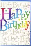 The image shows an exuberant birthday card that seems to glow with colour, as if it has captured the atmosphere of a lively gathering in Enfield's Market Place. Dominating the front are the words "Happy Birthday," written in bold, friendly letters that stretch across the surface in a sweeping rainbow gradient. The colours slide from deep wine red and hot raspberry pink through rich indigo and royal blue, then into fresh turquoise, grassy green, and finally sunshine yellow, creating the impression of coloured lights strung along a party table. Each letter is softly shaded, giving it a slight three-dimensional feel, as though you could trace the raised edges with your fingertips. Behind this jubilant message, the card is overlaid with delicate gold script that repeats "Happy Birthday to you" in a flowing, cursive style, like lines from a song murmured over and over. The metallic ink twinkles subtly when it catches the light, reminiscent of evening reflections along the New River Loop. Tiny stars and confetti-like dots, echoing the same rainbow palette, are sprinkled across the background, suggesting the joyful chaos of a surprise celebration. The overall composition is carefully balanced: striking, colourful typography in the foreground supported by a sophisticated, shimmering backdrop. It feels like the kind of card that would be nestled alongside a bright birthday bouquet delivered to a favourite home near Forty Hall or a workplace close to Enfield Town station-an eye-catching keepsake that turns a simple greeting into a full-hearted, memorable celebration.