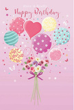 This illustrated birthday scene feels like a playful daydream rising above the streets of Enfield, where pastel balloons lift a dainty garden of flowers into a soft pink sky. At the heart of the image, a loose cluster of balloons in blush pink, mint green, lemon, and lavender floats upward with easy, joyful energy. Each balloon has its own character: some spin with candy-coloured stripes, others are sprinkled with bouncing polka dots, and at the centre a rounded balloon radiates a tender, affectionate glow, like a discreet heart. Their glossy surfaces catch the light, giving the impression of movement and a gentle shimmer, as though they're drifting past the trees near Enfield Town Park. Below, gathered at the ends of the curling balloon strings, sits a hand-tied bouquet of delicate birthday flowers. Creamy ivory roses mingle with anemone-like blossoms in blush and soft mauve, their petals feathery and layered, inviting the thought of a light, fresh fragrance. A violet satin bow hugs the stems, its ribbon loops neat yet soft, adding a polished flourish to the whimsical scene. Tiny star shapes and butterfly-like details are scattered around, providing a fairy-tale sparkle without overwhelming the design. The composition feels airy and light as a mild spring morning stroll through Enfield, with a sense of optimism and celebration. Crafted with a florist's eye for balance and harmony, this artwork captures the feeling of receiving a charming birthday bouquet that has been lovingly prepared and delivered to someone special just around the corner.