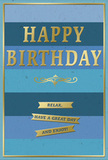 A tastefully designed blue and gold birthday card is shown upright, as if displayed on a mantel in an Enfield home with morning light slipping gently across its surface. The background is composed of broad, stacked stripes in varying shades of blue, from deep navy through denim and cornflower to hints of teal and sky, creating a soft gradient that feels both tranquil and quietly celebratory. Centered across these bands, the words "HAPPY BIRTHDAY" are embossed in striking gold foil, each capital letter standing slightly raised above the card, catching and reflecting light with a subtle metallic shimmer. Just below the main greeting, a delicate gold flourish stretches horizontally, adding a touch of traditional elegance, like the finishing stroke on a carefully written note. At the lower section of the card, three slender gold banners sit neatly one beneath another, each ribbon holding a segment of the gentle message: "Relax, have a great day and enjoy!" The phrases feel reassuring, suggesting an unhurried birthday-perhaps brunch with family, a leisurely stroll through Enfield Town, or a quiet afternoon with flowers and cake. A fine, continuous line of gold runs close to the edge of the card, forming a simple yet sophisticated frame that ties the composition together. The card stock itself appears smooth and slightly matte, contrasting beautifully with the gloss of the gold foil. Imagined next to a fresh, hand-tied bouquet, this blue and gold birthday card communicates warmth, calm, and thoughtful celebration in one gracefully balanced design.